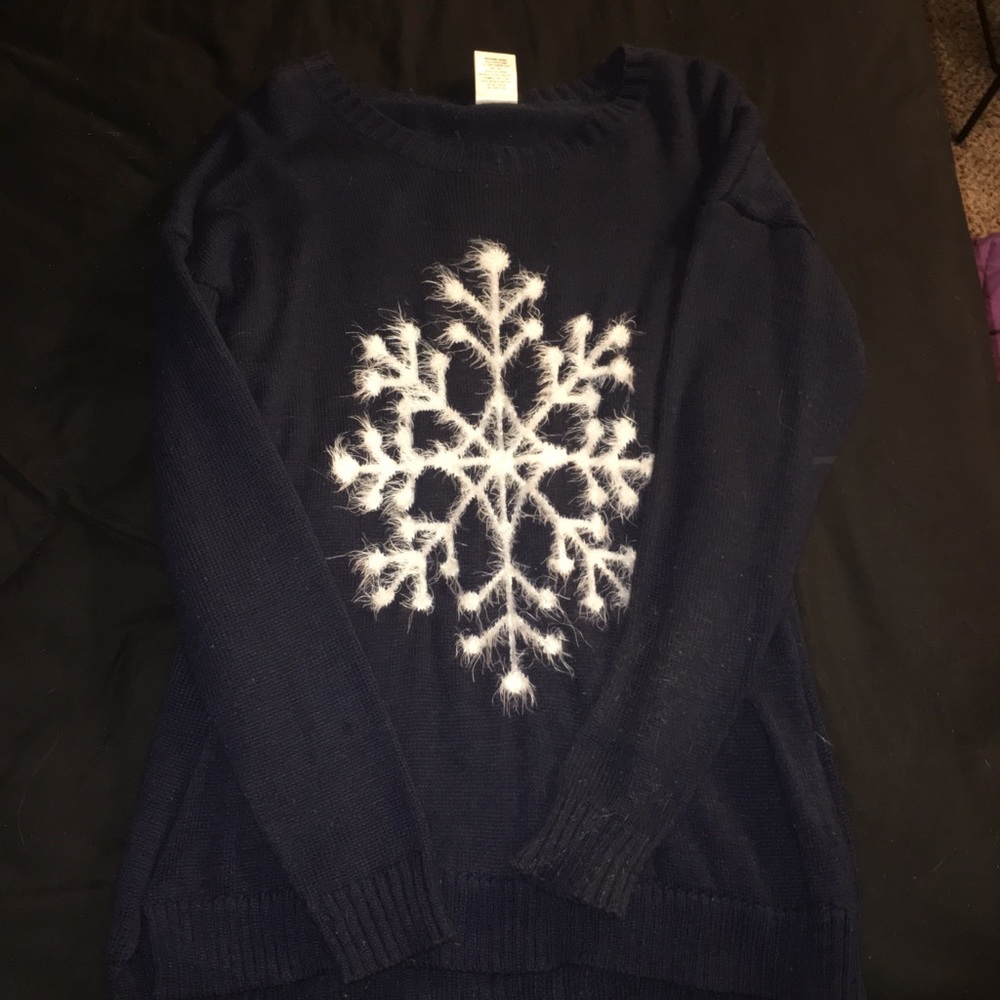 Dark Blue Fuzzy Snowflake Sweater. Large